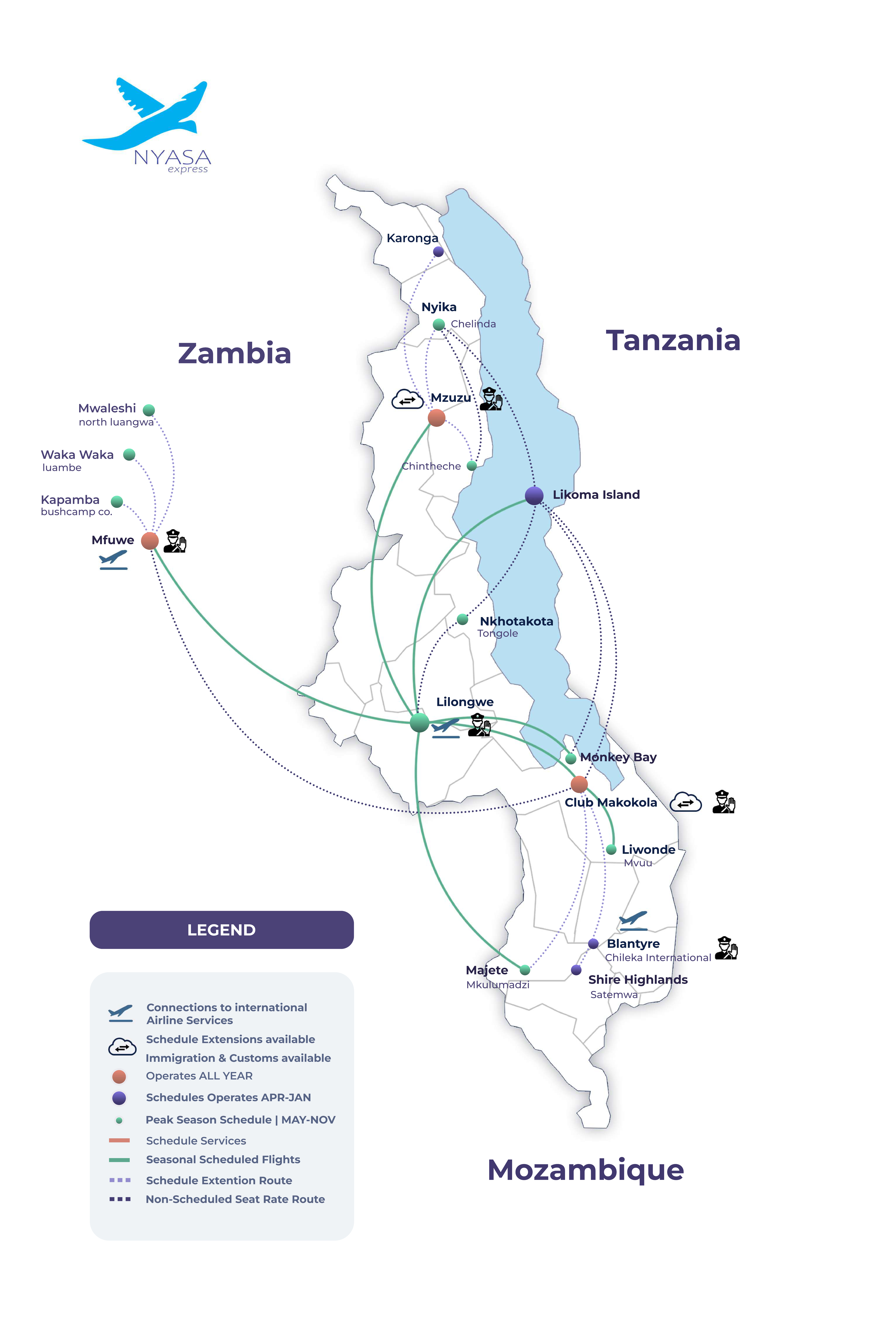Fly Nyasa comprehensive route map across Malawi and Zambia